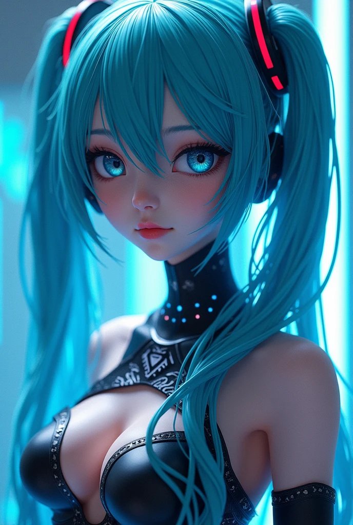 hatsune miku, vocaloid, blue hair, blue eyes, ai girl, wearing neon neno tech suit, ((cleavage)), (large breasts),
