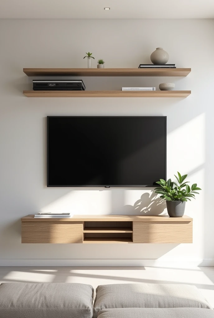 Create a room with the TV attached to the wall and two rows of floating shelves on either side, and also use floating shelves below.