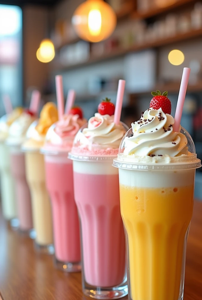 Create a milkshake menu with plastic transparent cups with a variety of flavours from cookies and cream vanilla strawberry banana mango