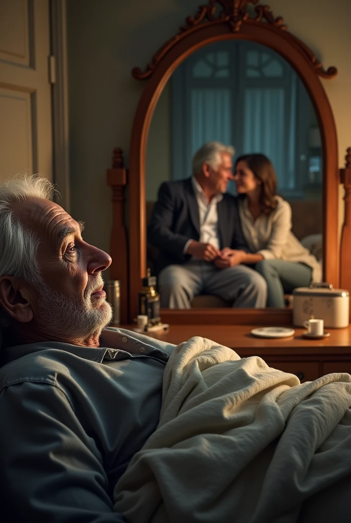 An image of an elderly man watching his daughter and son-in-law(22 year olds)that are on the couch, while they were in the room,from the mirror, and the gentleman was lying in his bed