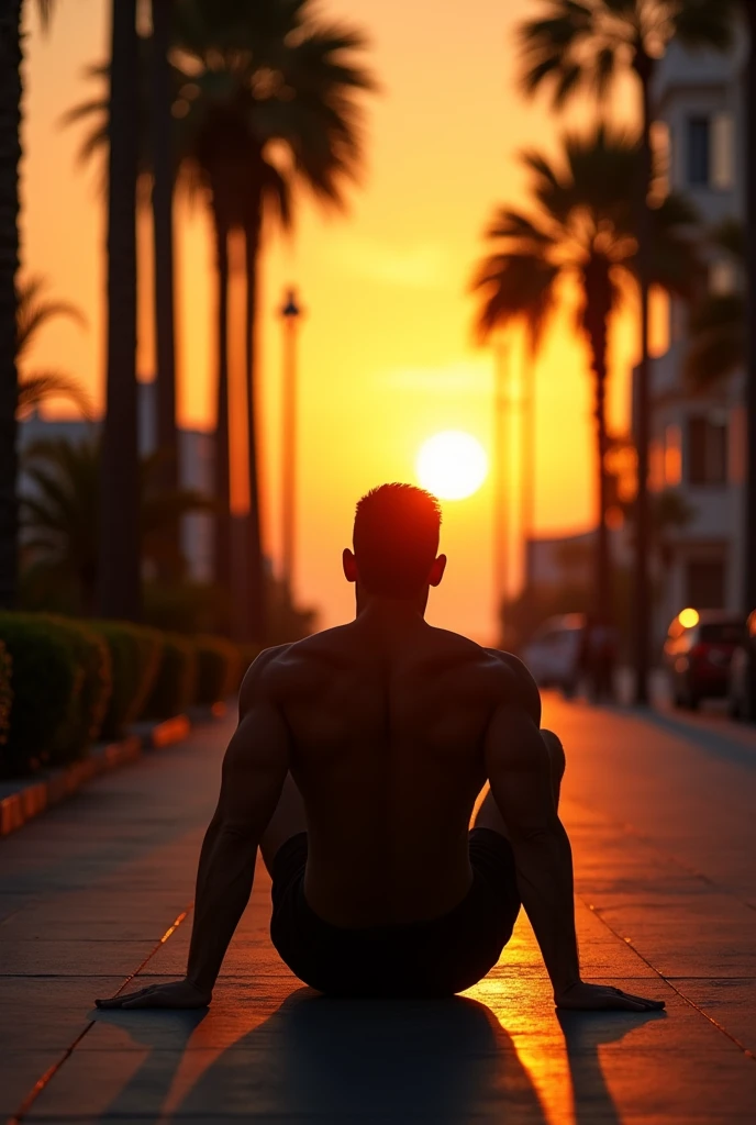 The silhouette of a man lying on the ground doing sit-ups on a quiet seaside avenue during sunset