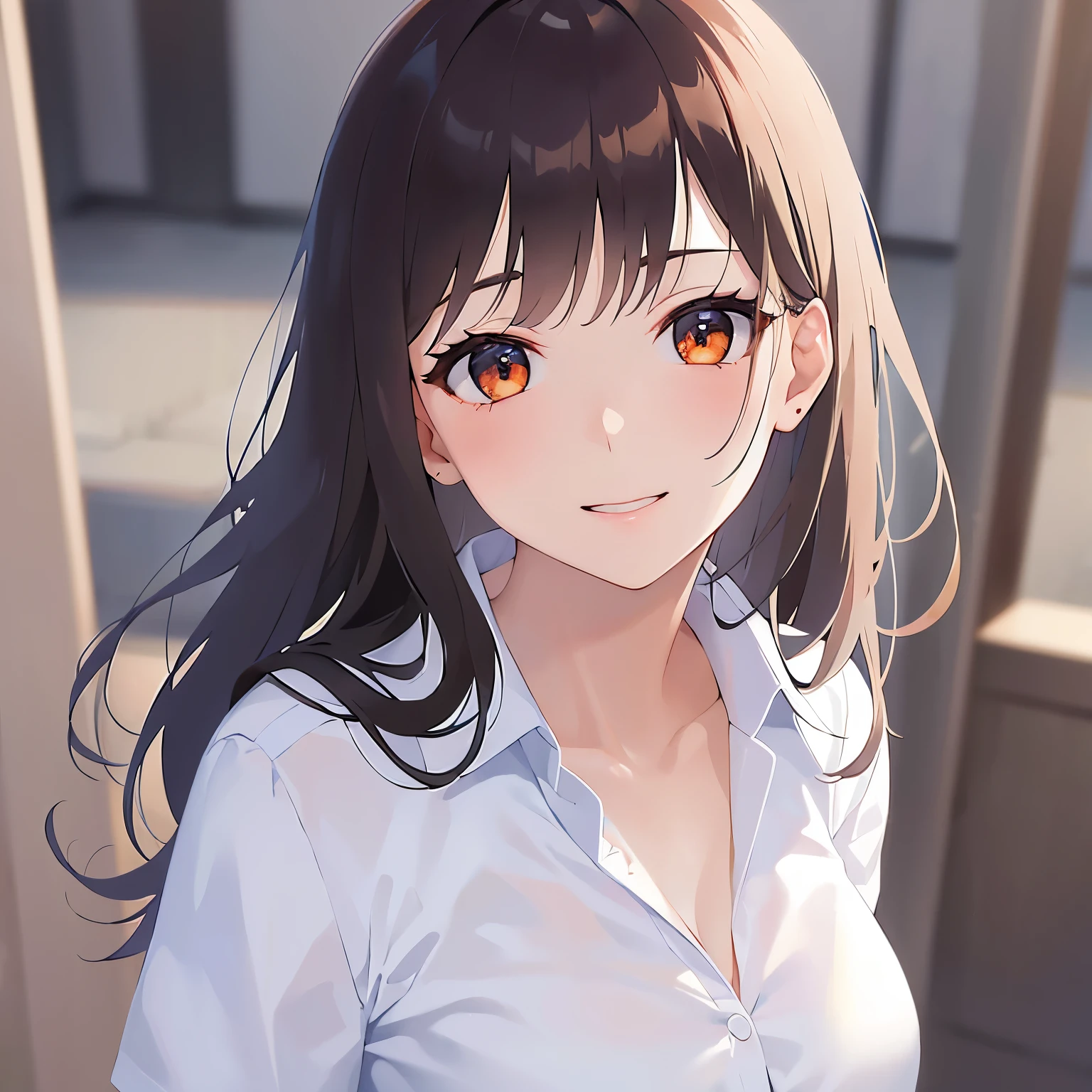 （looking at viewer:1.5）Upper Body, Shooting from above,head tilt,
Realistic, real person, (pale skin: 1.2), RAW photo, photorealistic, shiny skin, shiny hair、(A 25-year-old woman with medium-length hair and bangs) and (wavy hair) and (brown hair) and (orange eyes) ,
(Wearing a business suit:1.5) and (Wearing a white collared shirt)、
(blush:1.2),smile,The background is the conference room、(alone:1.5)