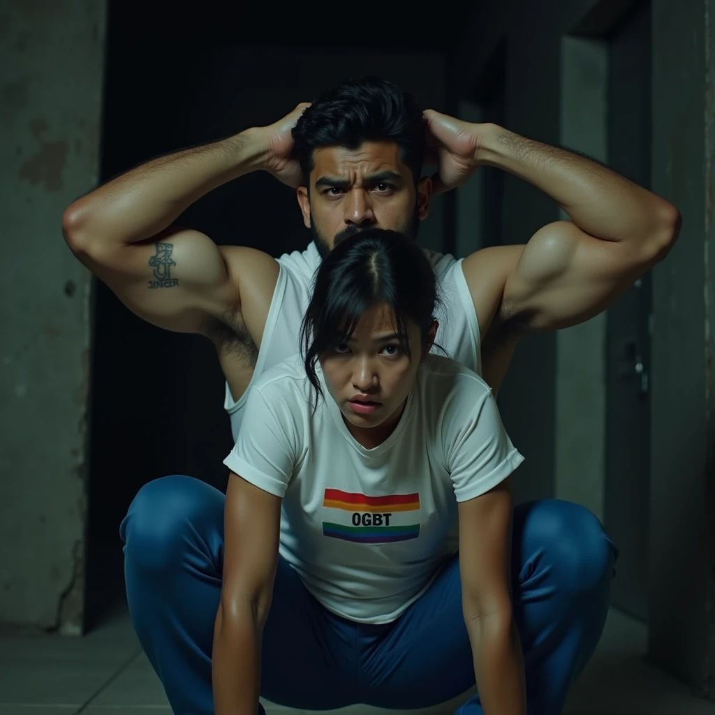 cinematic photo: a IRANIAN 30-years old male wearing white button up shirt and tight blue pants, he’s squatting down with both hands behind his head, showing off sweaty armpits, big bulge, sweaty, slight smile. He’s squatting down behind a sad 30-years old female wearing lgbt shirt, she’s scared and sad. He’s behind her, squatting behind her. He’s behind her