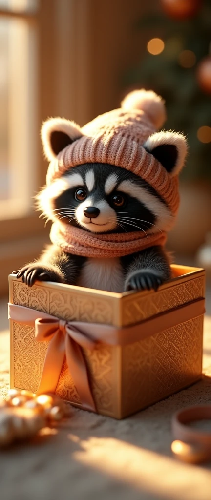 A stunning conceptual art piece captures a low-angle view of an exquisitely detailed art deco gift box, revealing a cute, extra fluffy baby raccoon plush toy. The cuddly raccoon, with its warm, soft expression, wears a charming hat and scarf, exuding coziness. The gift box, adorned with intricate patterns and gold accents, has a delicate ribbon tied around it, and the overall presentation exudes warmth and charm. The golden glow illuminating the scene creates a snug and inviting atmosphere, making it an enchanting and heartwarming image., conceptual art, 3d render, photo