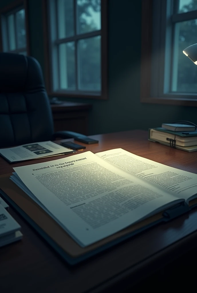 :** An open case folder on a desk, with blurry photos and a report marked as "classified."