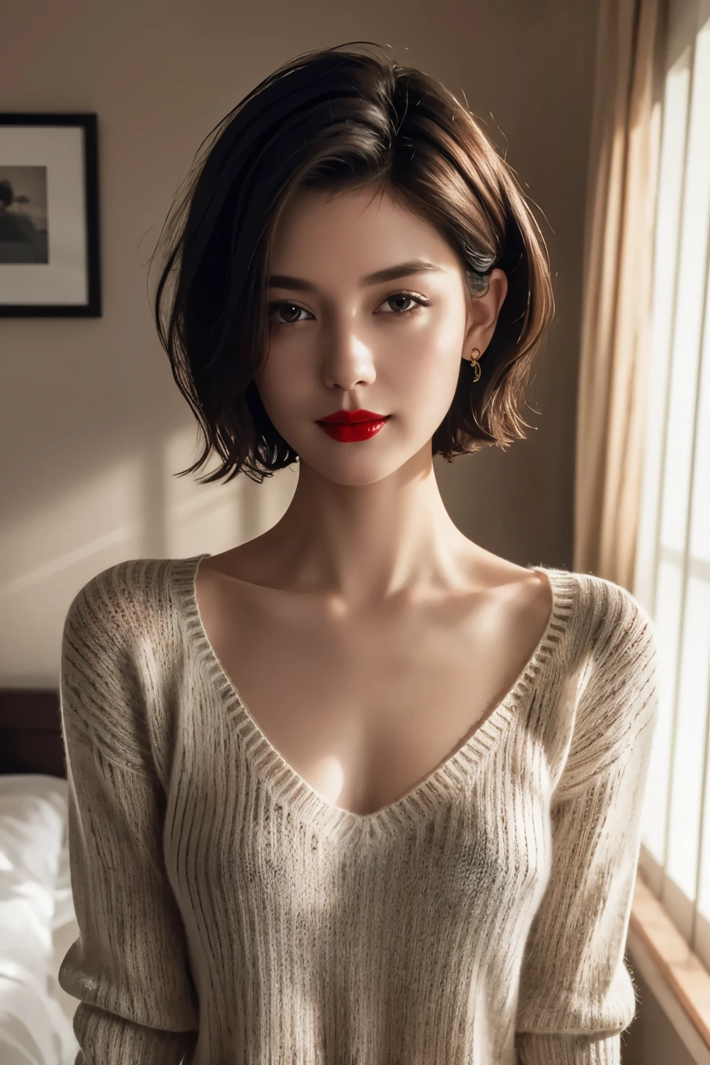 Tabletop, Highest quality, Realistic, Very detailed, finely, High resolution, 8k wallpaper, RAW Photos, Professional photography, Written boundary depth, One beautiful woman, Bedroom, (Red lips), ((Looking into the camera)), Upper Body, short hair, Bob Hair, (Straight hair), Shapely small breasts, (V-neck see-through knit sweater)