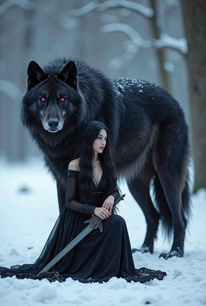 (photorealism:1.2), a beautiful woman with long black wavy hair and a purple eyes. She's kneeling with her mystical sword, she's wearing a black gown because she's the queen of mystical beasts. And one giant big mystical wolf behind her. And the eyes of the wolf is red. Make it dark fantasy, and accurate for a novel book cover. And it's snowing.