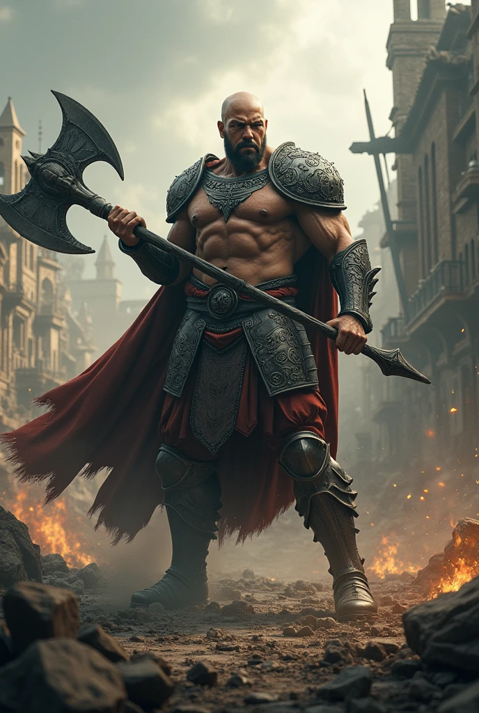 A large barbarian king, detailed muscular body, fierce expression, holding a massive battle axe, brawny archer queen in battle stance, long flowing hair, elegant bow and arrow, destroyed town hall in ruins, destroyed buildings, chaos and destruction, cinematic lighting, dramatic atmosphere, highly detailed, intricate, 8k, photorealistic, epic, cinematic, masterpiece