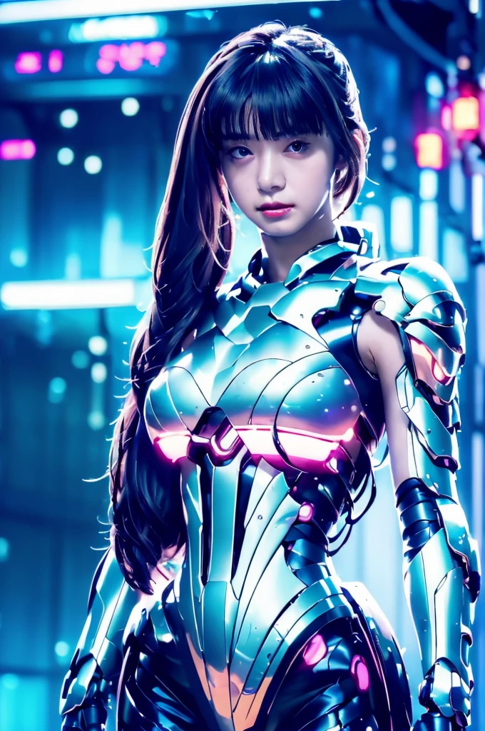 Highest quality, masterpiece, figure, (Realistic, photo-Realistic:1.37), wonderful, In detail, Incredibly absurd, Large file size, Very detailed, High resolution, Very detailed CG Unity 8k wallpaper, Very detailed目と顔, Ray Tracing, Browsing Caution, NUDE, One girl, Korean cyborg girl is innocent and young々Has a sly expression. She poses boldly with her arms raised above her head, Revealing her voluptuous figure. She is wearing a small black mecha armor top that barely covers her breasts., Exposing most of her flawless skin. Her shoulders and head have more armor detailing.、There are shining highlights, Tech Panels and Mechanisms. She is standing against a futuristic cityscape lit up with vibrant neon lights.、Standing full of energy。.