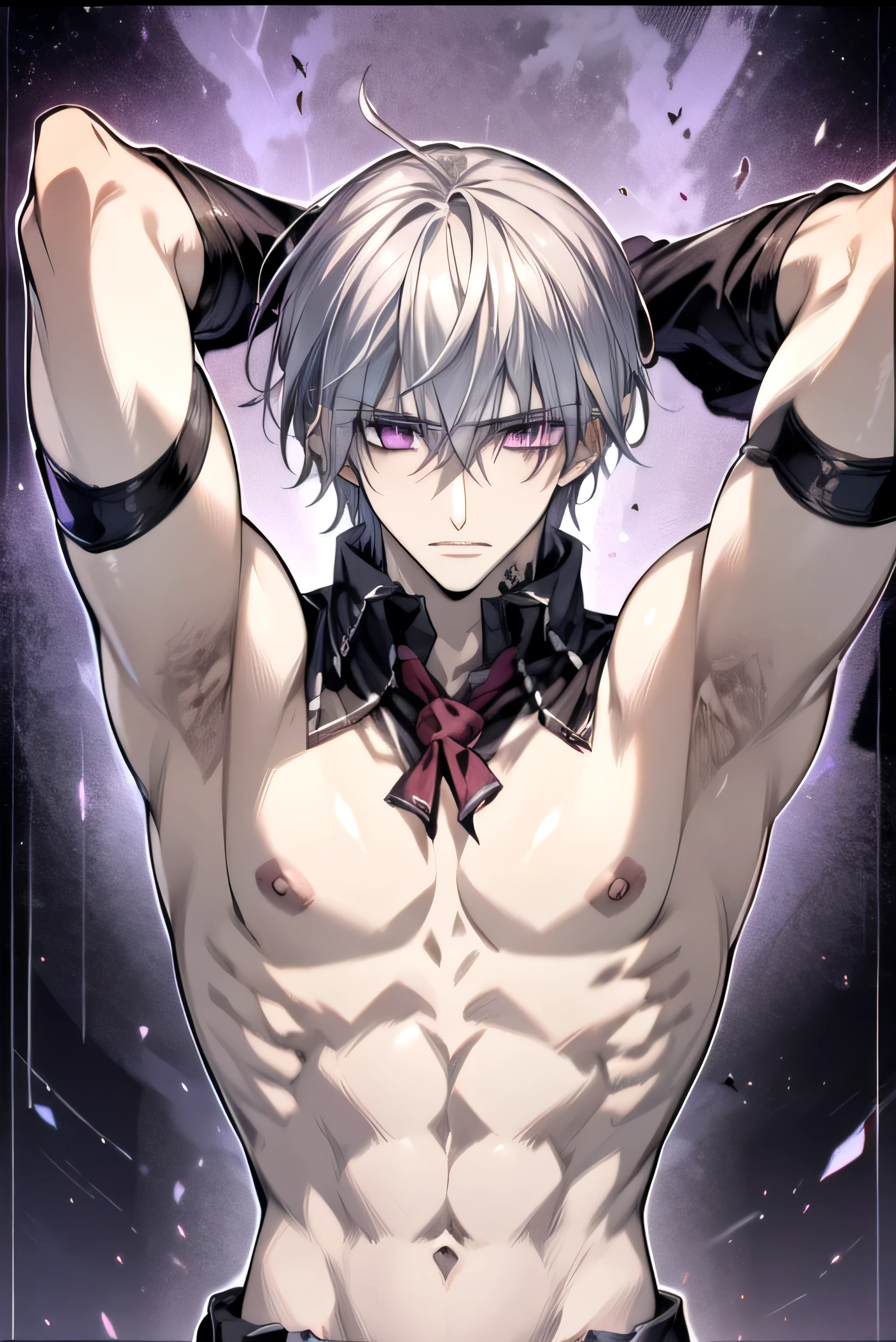 (absurdres, highres, ultra detailed, HDR), masterpiece, best quality, Zero Kiryuu, 1man, solo, handsome, (short silver hair), vibrant purple eyes, finely eye and detailed face, (solid black background), shirtless, vampire knight, (arms behind back), solid crimson background, 
