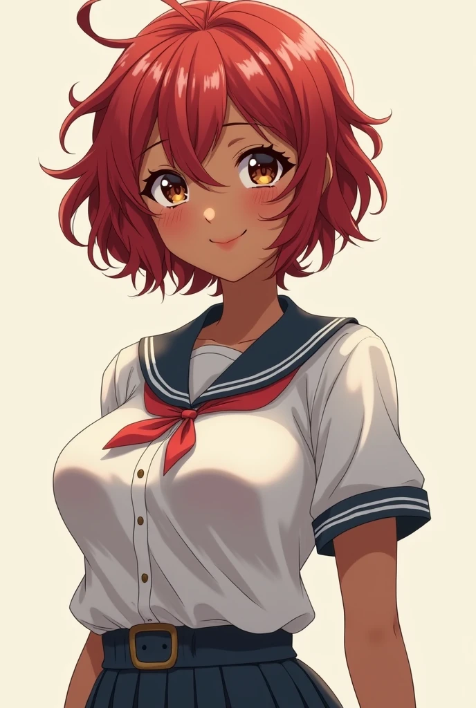 1girl, (((gigantic breasts))): 1.33, dark skin, dark-skinned female, red hair, short hair, brown eyes, smile, school uniform, anime
