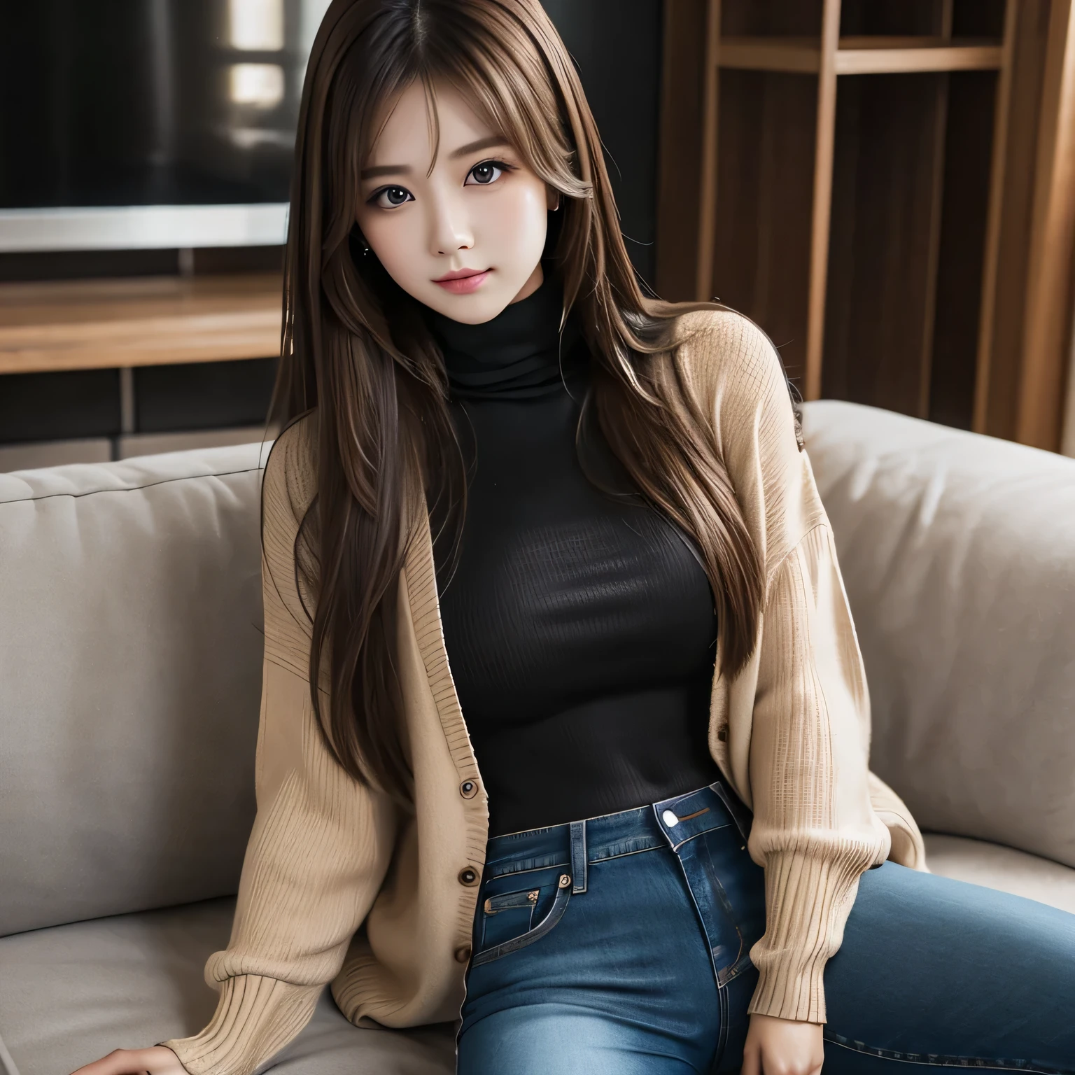 solo, beautiful girl, long brown hair, black crop turtleneck, jeans pants, house, lounge, realistic.