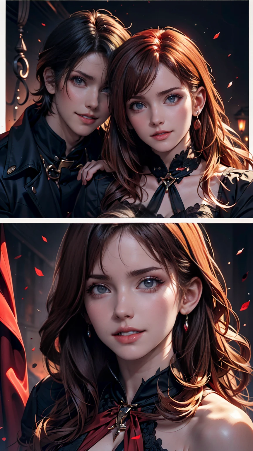 masterpiece, Highest quality, High resolution, One person, alone, Modern vampires, Redhead, Long Hair, Open Hair, Red eyes, Wicked Smile, On either side of her were two boys., both vampires with Redhead, Red and black outfit, Scary background
