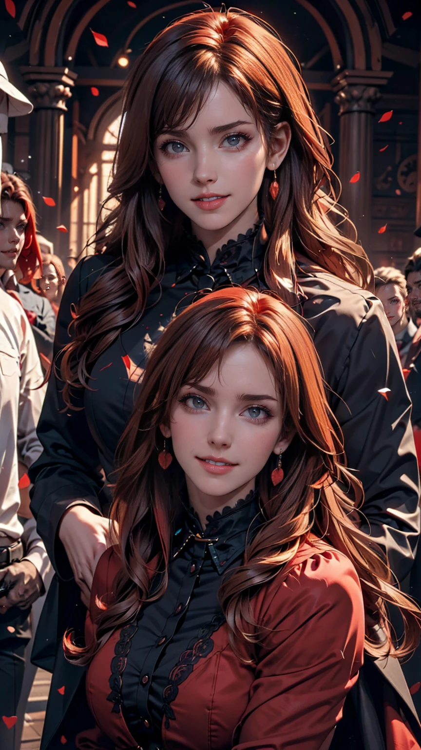 masterpiece, Highest quality, High resolution, One person, alone, Modern vampires, Redhead, Long Hair, Open Hair, Red eyes, Wicked Smile, On either side of her were two boys., both vampires with Redhead, Red and black outfit, Scary background