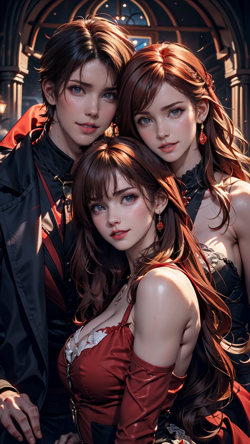 masterpiece, Highest quality, High resolution, One person, alone, Modern vampires, Redhead, Long Hair, Open Hair, Red eyes, Wicked Smile, On either side of her were two boys., both vampires with Redhead, Red and black outfit, Scary background
