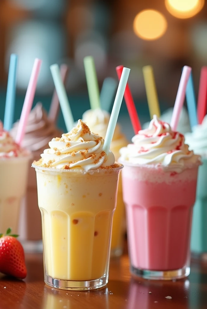 Create a milkshake menu with plastic transparent cups with a variety of flavours from cookies and cream vanilla strawberry banana mango
