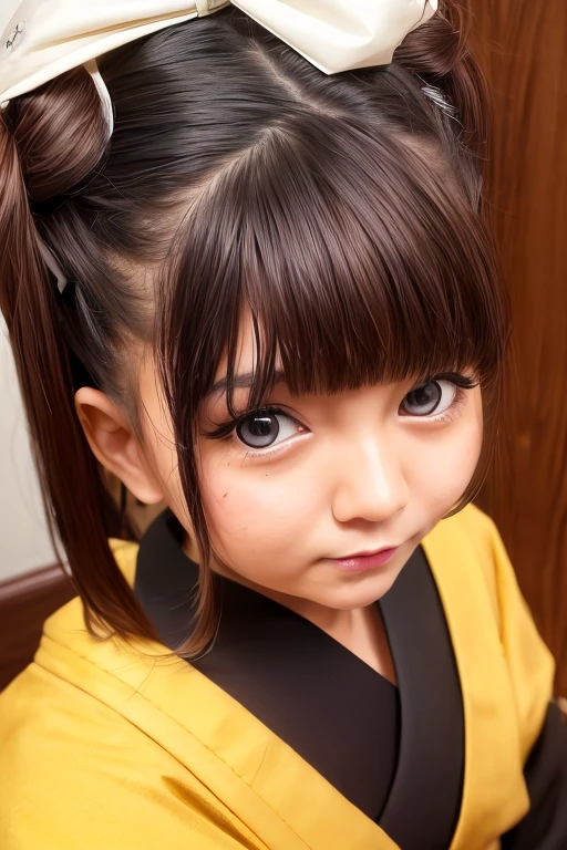 (Masterpice: 1.1), ((very detailed face)), ((very detailed eyes and face)), beautiful detail eyes, body parts__, super detailed, (best quality: 1.1), super fine photo, (realistic, photorealustic : 1.2), full body portrait, 1girl, solo, girl, very young girl looking_at_viewer, blush, smile, short_hair, open_mouth, bangs, brown_hair, black_hair, hair_ornament, bow, yellow_eyes, :d, hair bow, hairband, japanese_clothes, indoors, blunt_bangs, kimono, sash, window, obi, wooden_floor, red_hairband, black_kimono, pale_skin, realistic skin details, natural lightning, clear focus, 16k