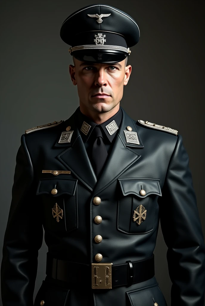 A German SS soldier officer, with the black leather uniform and a black leather hat. Chris Evans. ultra realistic hd image. fully body. DARK Photography. second World War