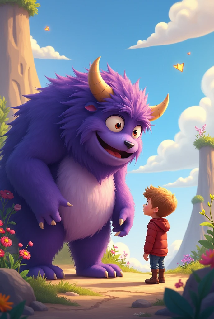 The hero and the purple hairy monster are chatting