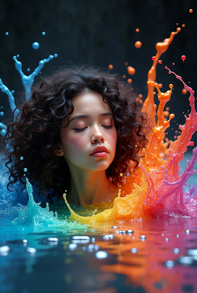 (photorealism:1.2), Expressing the flow of ink dancing in the wind.,Effects of water,colorful water,Goddess:governing the arts:Manipulate water:rich hair:sleeping:perfect face:beautiful::healthy,young,curly hair,Golden skin,ink splash,sparkling,bright colors,light reflection,Rich colors,abstract,3D,8k,High resolution,masterpiece,high quality,Detailed details,Rainbow colors,Laugh mischievously,complicated,design,funny,bright colors,splash of water,I invite you to the world of art,marvelous,dark background