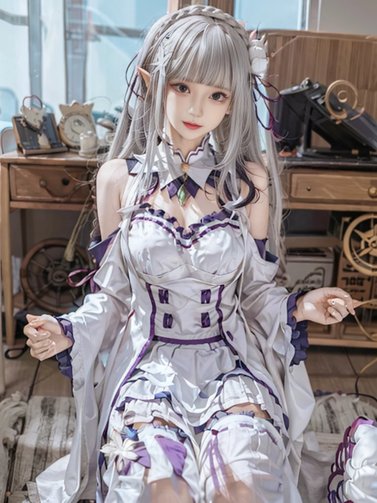 Highest quality、High resolution、Ultra-detailed、8k, Emilia、Emilia Masterpiece、Highest quality, In the castle courtyard, Bans, Clothes are white, 長いsleevemouth, just_shoulder, dull_前hair, Blurred, Blurred_background, Blurred_prospect, blush, Braid, huge breats,sexy body,chestout, chestの谷間, Closed_mouth, cloud, crown_Braiding, Tag, depth_In_Field, independent_sleeve, dress, Emilia_\(Again:Stay Night\), eyebrows_appear_Through_hair, flower柄, Precious stones, hair_flower, hair_Decorations have been removed, hair_ribbon, lens_Flare, length_hair, look up_in_Audience, low_length_hair, Moderate_chest, One_eye_Closed, Plein Air, Pleats_skirt, Spiky_ear, purple_eye, purple_ribbon, ribbon, Silver_hair, skirtの, null, Laughter, solo, very_length_hair, white_flower