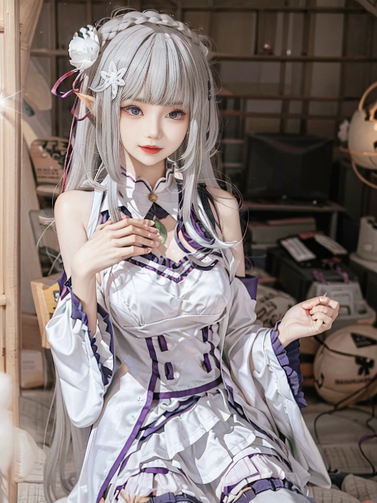 Highest quality、High resolution、Ultra-detailed、8k, Emilia、Emilia Masterpiece、Highest quality, In the castle courtyard, Bans, Clothes are white, 長いsleevemouth, just_shoulder, dull_前hair, Blurred, Blurred_background, Blurred_prospect, blush, Braid, huge breats,sexy body,chestout, chestの谷間, Closed_mouth, cloud, crown_Braiding, Tag, depth_In_Field, independent_sleeve, dress, Emilia_\(Again:Stay Night\), eyebrows_appear_Through_hair, flower柄, Precious stones, hair_flower, hair_Decorations have been removed, hair_ribbon, lens_Flare, length_hair, look up_in_Audience, low_length_hair, Moderate_chest, One_eye_Closed, Plein Air, Pleats_skirt, Spiky_ear, purple_eye, purple_ribbon, ribbon, Silver_hair, skirtの, null, Laughter, solo, very_length_hair, white_flower