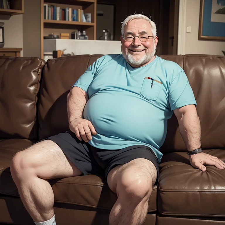 Fat police officer grandpa sitting on couch, wearing nothing but socks, white socks, dirty stinky socks, socks have stench, leaking cum, fat, short beard, hung cock, shirtless