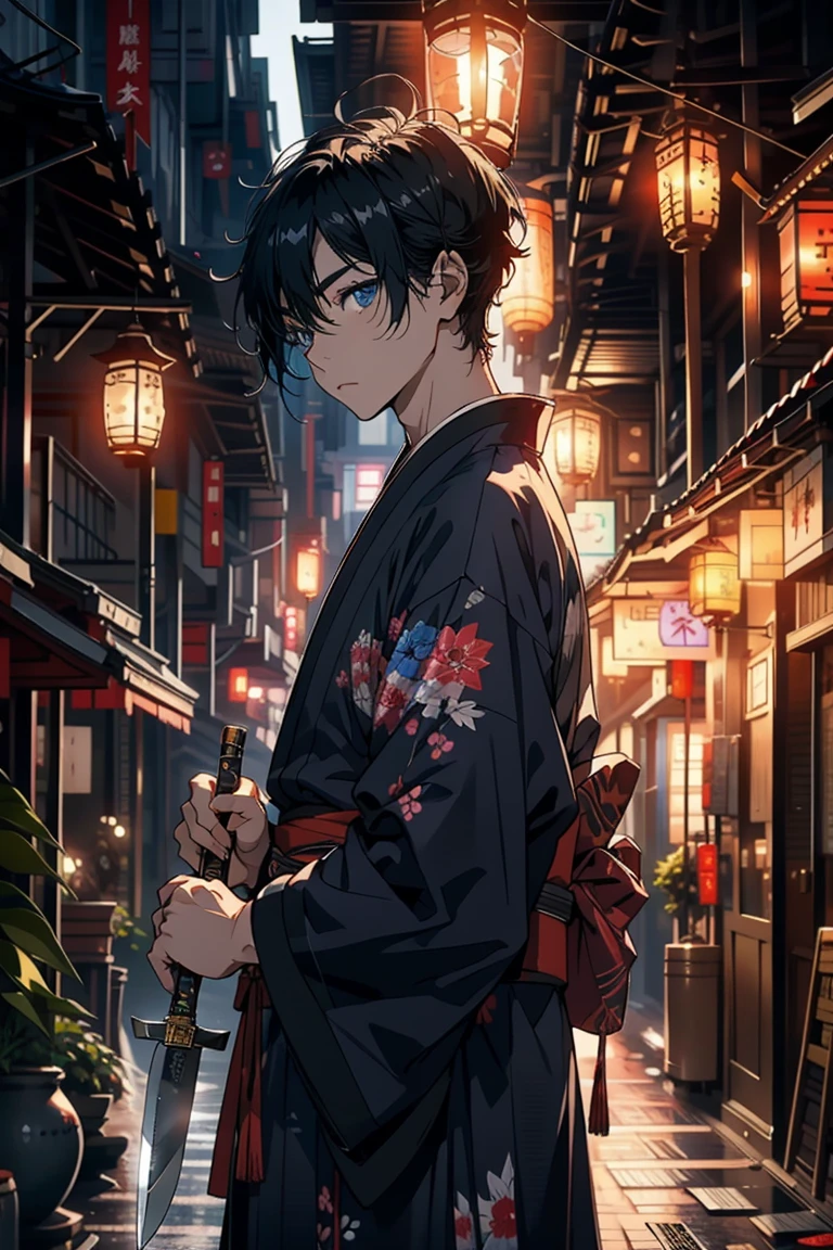 1people,male,kimono,knife,Short Hair,,Black Hair,Blue Eyes,青く光るknife,night,firefly