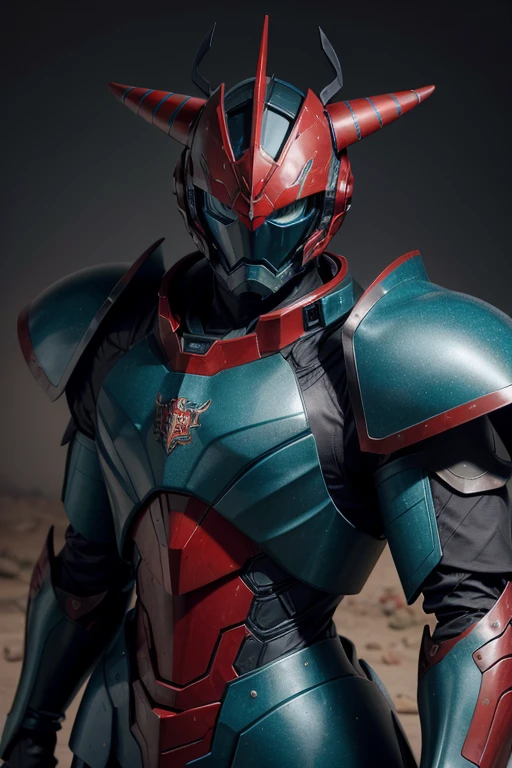 Anthropomorphic Lizard, blue camouflage scales, dark teal and black mecha armor, red and black mecha helm with a black horn, mane of red and gold, gray machine gun and dark teal and yellow shield, masterpiece, best quality