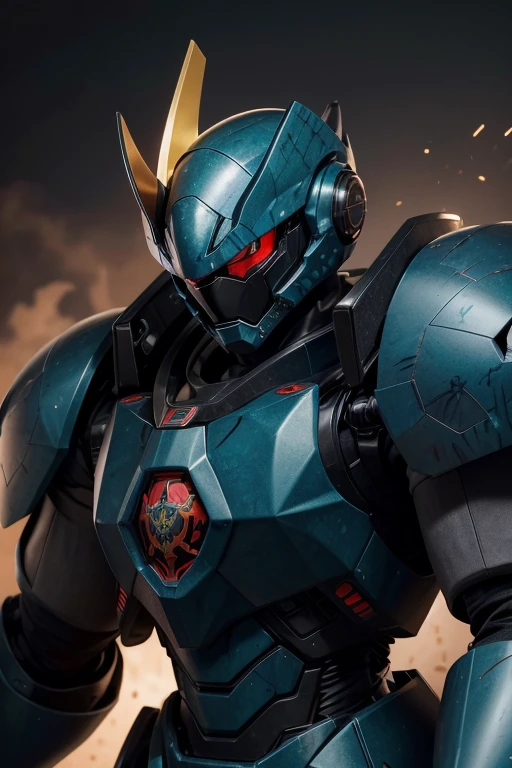 Anthropomorphic Lizard, blue camouflage scales, dark teal and black mecha armor, red and black mecha helm with a black horn, mane of red and gold, gray machine gun and dark teal and yellow shield, masterpiece, best quality