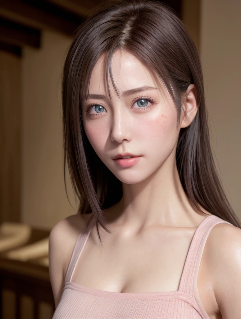 8K, Best Quality, masutepiece, Ultra High Resolution, (Realism: 1.4), Original photo, (Realistic skin texture: 1.3), (Film grain: 1.3), (Selfie angle), 1 girl, Pink clothes, Sapphire colored eyes and beautiful facial details, masutepiece, Best Quality, close-up, Upper body top quality image quality pull-up