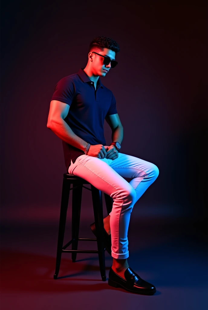 A  tan kid with gym body and low fade cut black curly hair  and navy blue polo t shirt and white long trousers and old watch on it and black loafers sitting on black stool and black background red and blue light on it the boy turning right side and wereing a sunglass 