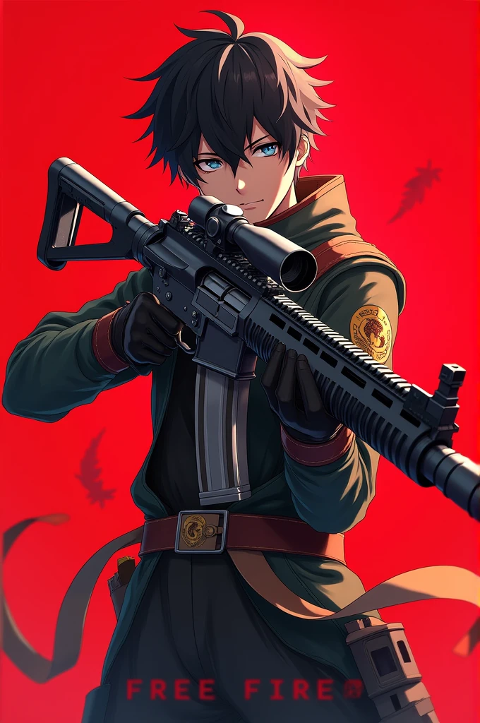 Anime Jujutsu kaisen Style game Garena free fire with AwM weapon with red background