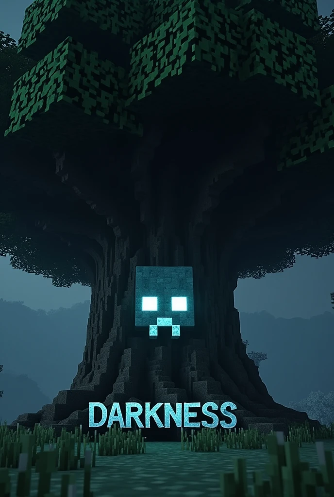 Minecraft logo with some dark effect and Under a minecraft tree there will be a text 'darkness'