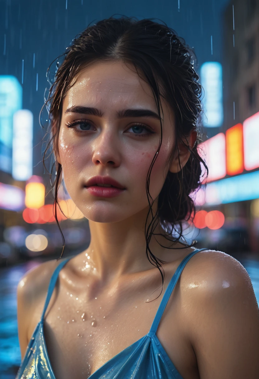 A high quality photo of super very close-up portrait of a beautiful 25 year old woman with a tearful and sad gaze, her face illuminated by bright neon lights. Blue and red neon shines onto her face from a city, it is raining, rain drips down her face as she looks to the city ahead of her, Large frame glasses reflect the city in front of her, as well as the lights that are shinning. The background is out of focus, with city lights shinning behind her, tears flow down her face, her makeup has been running down her face, Her expression is one of immense sadness, she has been crying a lot, her hair is messy, her hair is down, some hair is in her face, hair stuck to her from the rain, wet from all the rain, soaked film, 4k , 8k ,UHD, sweaty skin, sleeveless, a nice dress, collarbone, photorealistic, open arms,