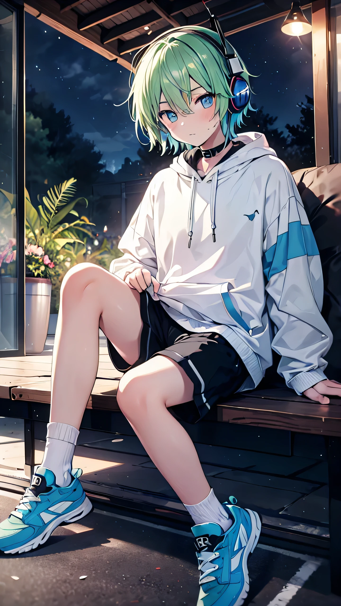 Green Hair，boy，White sweatshirt，Wearing headphones，Black shorts，forest，night，Blue sclera，sports shoes，White socks