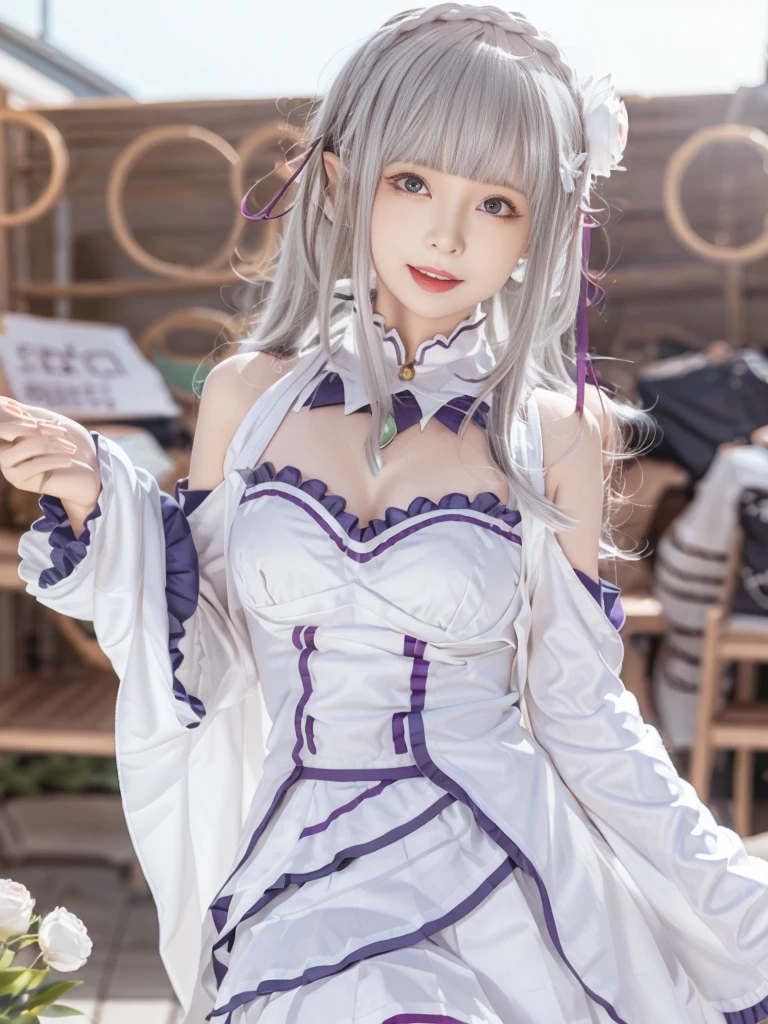 Highest quality、High resolution、Ultra-detailed、8k, Emilia、Emilia Masterpiece、Highest quality, In the castle courtyard, Bans, Clothes are white, 長いsleevemouth, just_shoulder, dull_前hair, Blurred, Blurred_background, Blurred_prospect, blush, Braid, huge breats,sexy body,chestout, chestの谷間, Closed_mouth, cloud, crown_Braiding, Tag, depth_In_Field, independent_sleeve, dress, Emilia_\(Again:Stay Night\), eyebrows_appear_Through_hair, flower柄, Precious stones, hair_flower, hair_Decorations have been removed, hair_ribbon, lens_Flare, length_hair, look up_in_Audience, low_length_hair, Moderate_chest, One_eye_Closed, Plein Air, Pleats_skirt, Spiky_ear, purple_eye, purple_ribbon, ribbon, Silver_hair, skirtの, null, Laughter, solo, very_length_hair, white_flower