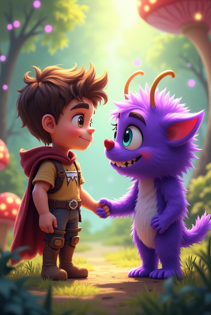 The little hero and the little purple hairy monster are chatting