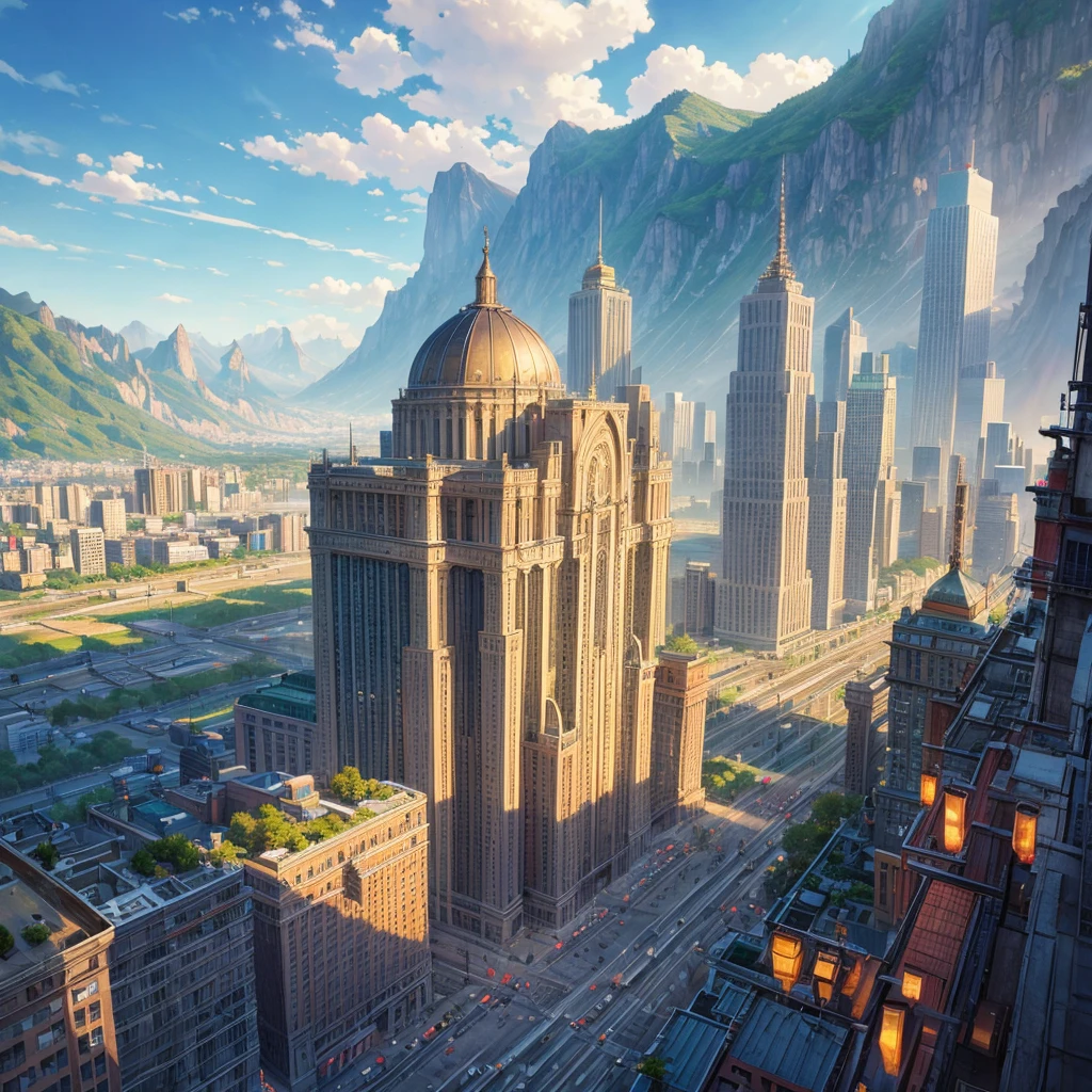 View of a large metropolis city with buildings and giant buildings with buildings of all kinds of different shapes and sizes , that there is another one than some factory , with streets, Lamps,etc , sunny with mountains and trees background 