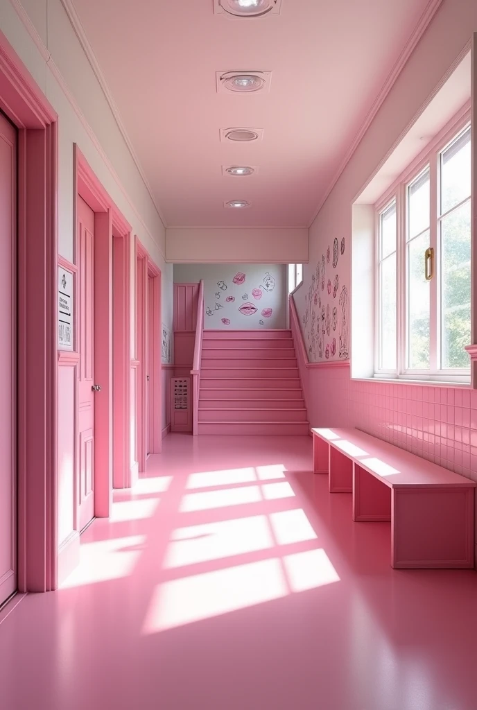 (photorealism:1.2)
Inside a pink and white classic school hallway second floor of a pink classic school, Along the hallway there are some classic school pink open doors of the different classes rooms. There's a long pink bench along the hallway,
At the right hand side of the hallway there's a pink school stairway that
open door that leads to the school first floor, there are many drawings of 💋 can be seen on the walls,
View: Over the shoulder perspective photo,
high resolution, masterpiece, best quality, intricate details, highly detailed, Hiperrealistic
