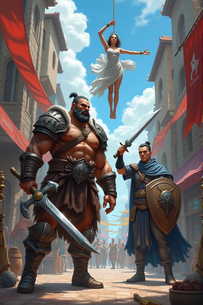 Male half orc barbarian and a male half elf paladin and a male water genasi cleric and a female dangling in a medieval city marketplace