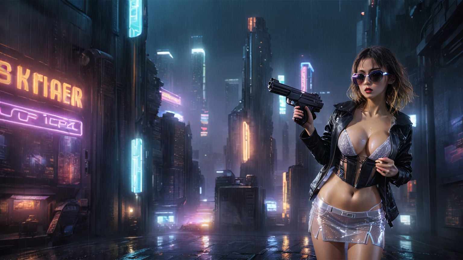(aerial view), Blade Runner style futuristic city, flying cars, neon lights, rainy night. (1girl, solo, alone), large-breast:1.2 slim body, cleavage:1.1, sexy laced lingerie, very low angle view miniskirt, jacket, (black sunglasses), (holding a short gun), running pose, half-body thigh level medium shot, cinematic lighting, lens flare, ray tracing.