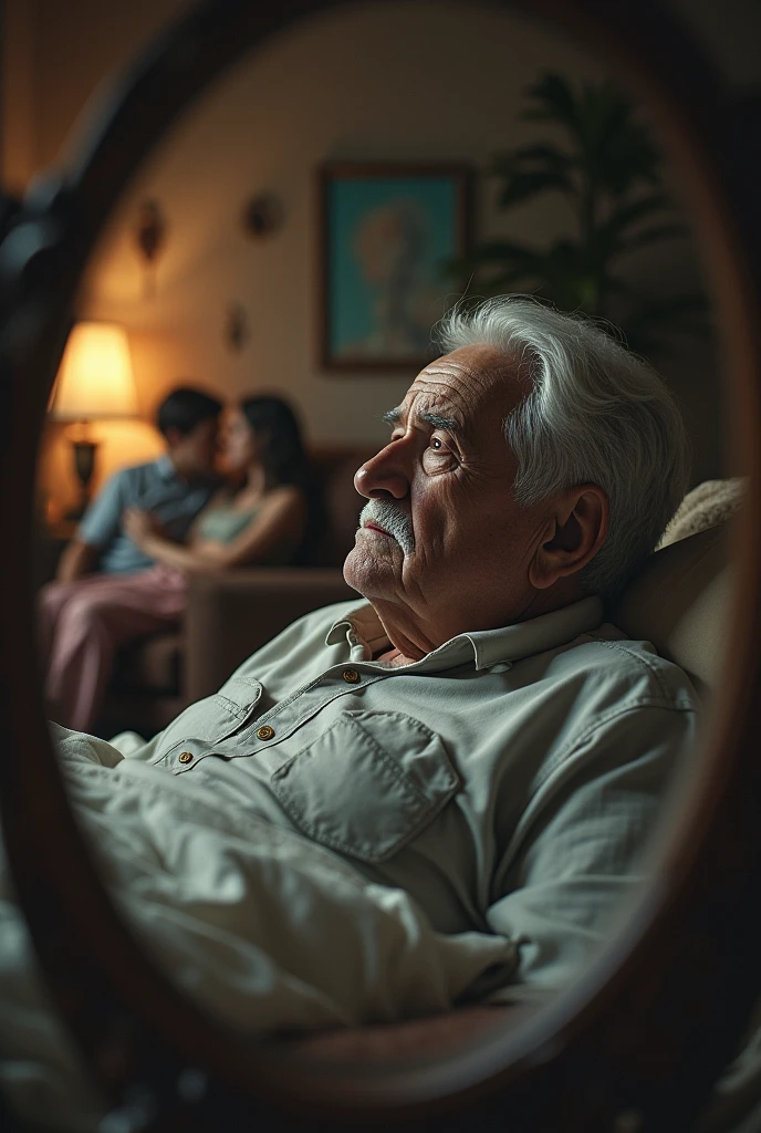 An image of an elderly man watching his daughter and son-in-law(22 year olds)that are on the couch, while they were in the room,from the mirror, and the gentleman was lying in his bed