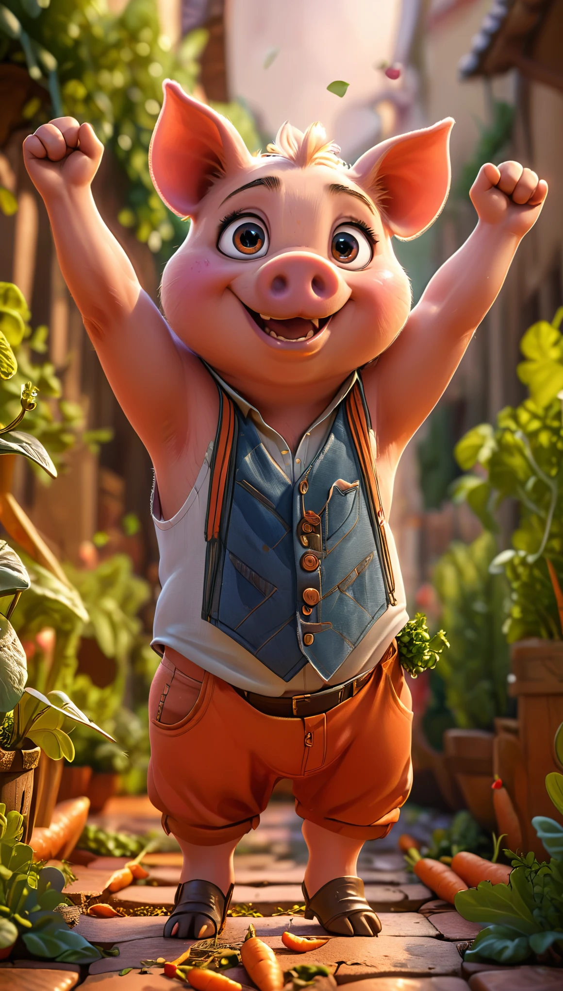 cute pig, cartoon , arms, hands ,cute eyes, looking at viewer, arms up, detailed background, clothes, carrot, happy, gold