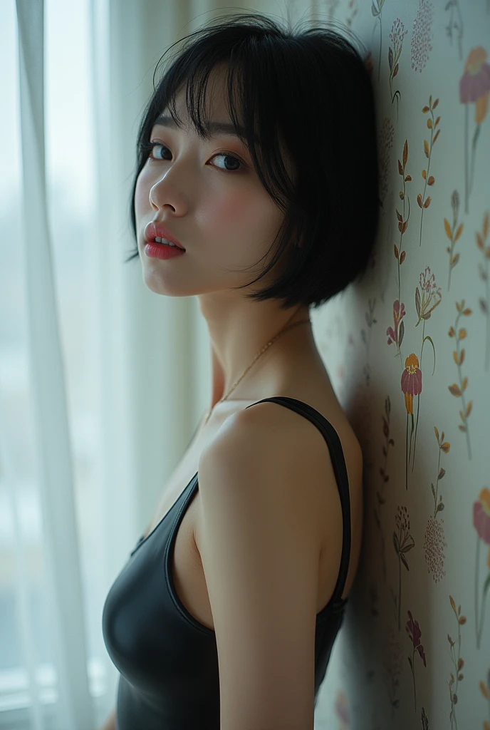 editorial photography,Super detailed background,Surreal,double exposure,Depth of Field,beauty super slender Skinny Korean vibes,soft focus black,narrative scene,Skinny,Super short straight black hairstyle,knee portrait,Lilac eyes,Iris flower,pupil,Lean on stylish room scandinavian wallpaper,wabi-sabi,latex cat suit,mole,open lips,from behind,