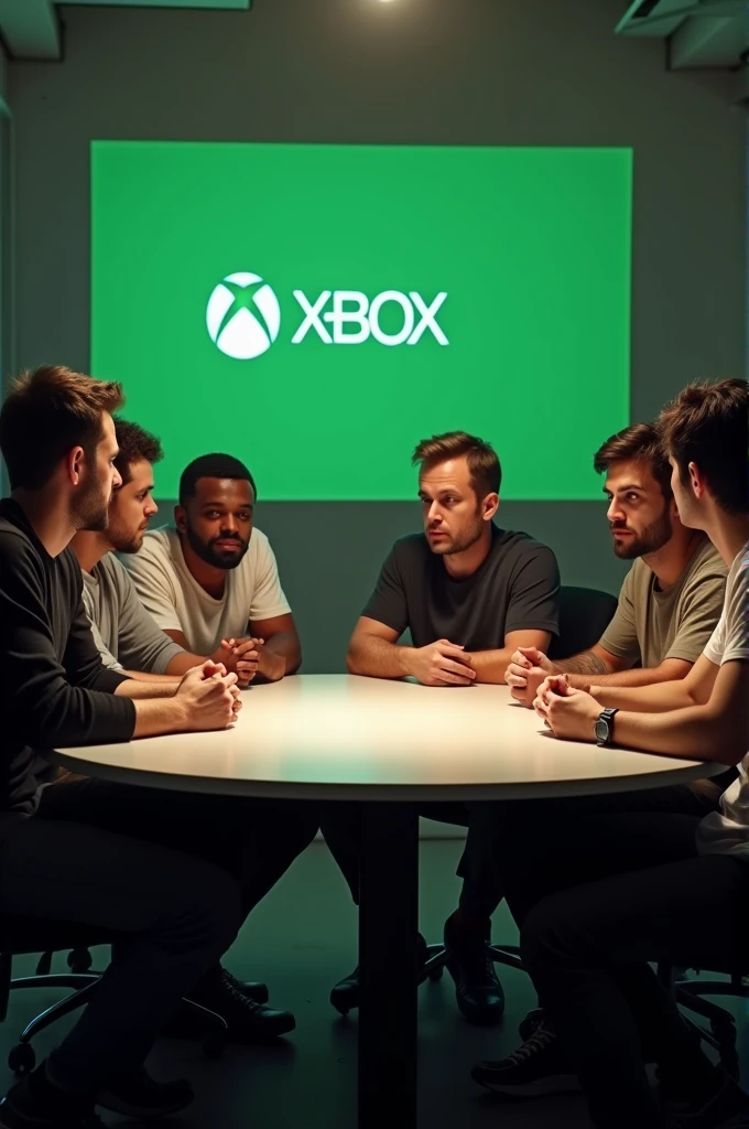 A photo-realistic, 8K, professional-quality image of a diverse group of 20 to 40-year-old gamers engaged in a serious roundtable discussion about Xbox. The mood is tense but civil, reflecting frustration and concern. The setting is a modern room with a large round table at the center, and on the wall, there's a clear projection of the official Xbox logo. The gamers are dressed casually, with a mix of gaming apparel and everyday clothing, focused on the discussion, with some leaning in, others with arms crossed, all contributing to the conversation. No Xbox game controllers visible.