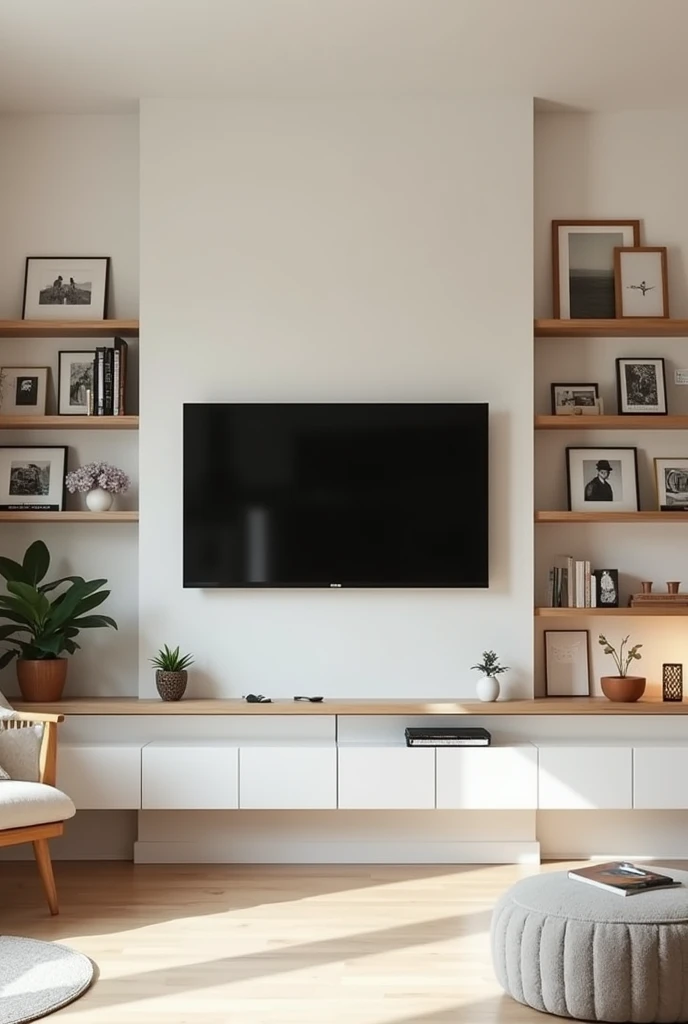 Create a room with the TV against the wall and a row of floating shelf pictures on the right and left sides, and also use long floating shelves below.