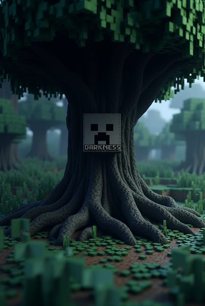 Minecraft logo with some dark effect and Under a minecraft tree there will be a text 'darkness'