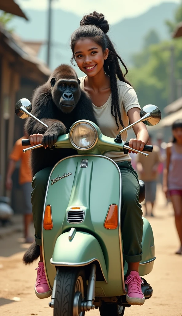 A beautiful Indonesian woman, white skin, long rasta hair in a bun, wearing a T-shirt, trousers, wearing pink sneakers, smiling face, riding a Vespa while holding a gorilla in front, on a village road, busy with people, minimal disability, very detailed, realistic