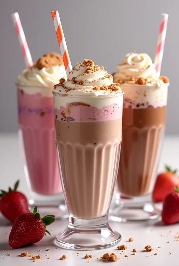 Create a chocolate milkshake menu with plastic transparent cups with a variety of flavours from cookies and cream vanilla strawberry banana mango